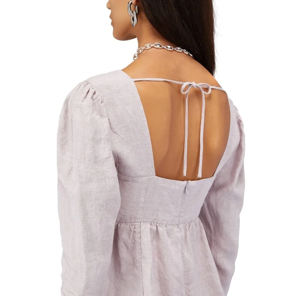 GANNI Lilac Hemp 90s Square Neck Long Sleeve Coquette Soft Girl Babydoll Dress L - Picture 11 of 14